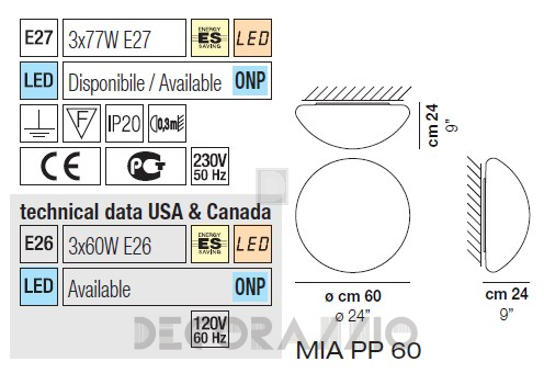 Светильник  потолочный/настенный накладной (Светильник) Vistosi Mia - mia-pp-60