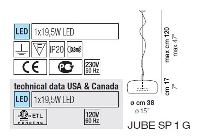 Светильник  потолочный подвесной (Люстра) Vistosi Jube - jube-sp-1-g-smoky